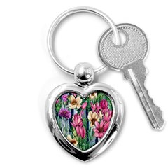 Big And Bright Watercolor Flowers Key Chain (heart) by GardenOfOphir