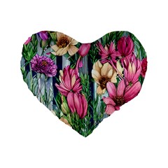 Big And Bright Watercolor Flowers Standard 16  Premium Heart Shape Cushions by GardenOfOphir