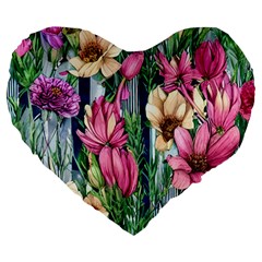 Big And Bright Watercolor Flowers Large 19  Premium Heart Shape Cushions by GardenOfOphir