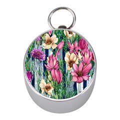 Big And Bright Watercolor Flowers Mini Silver Compasses by GardenOfOphir