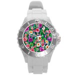 Creative Crimson Crisp Watercolor Flowers Round Plastic Sport Watch (L) Front