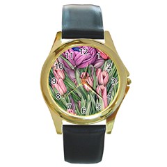 Chic Choice Classic Watercolor Flowers Round Gold Metal Watch by GardenOfOphir