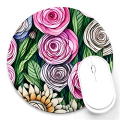 Breathtaking Bright Brilliant Watercolor Flowers Round Mousepad by GardenOfOphir