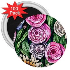 Breathtaking Bright Brilliant Watercolor Flowers 3  Magnets (100 Pack) by GardenOfOphir