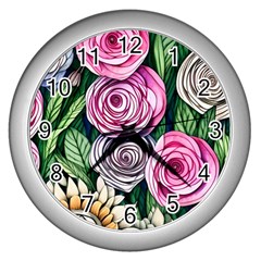 Breathtaking Bright Brilliant Watercolor Flowers Wall Clock (silver) by GardenOfOphir