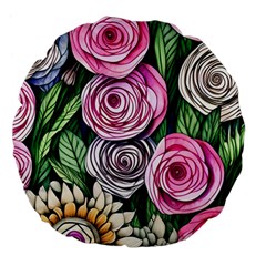 Breathtaking Bright Brilliant Watercolor Flowers Large 18  Premium Flano Round Cushions by GardenOfOphir