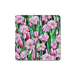 Blushing Bold Botanical Watercolor Flowers Square Magnet by GardenOfOphir