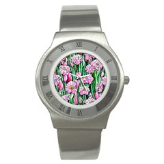 Blushing Bold Botanical Watercolor Flowers Stainless Steel Watch by GardenOfOphir