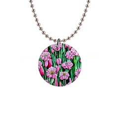 Blushing Bold Botanical Watercolor Flowers 1  Button Necklace by GardenOfOphir