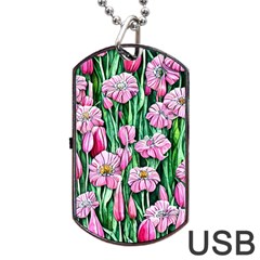 Blushing Bold Botanical Watercolor Flowers Dog Tag Usb Flash (one Side) by GardenOfOphir