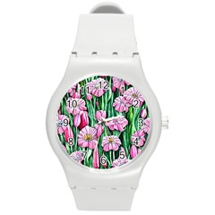 Blushing Bold Botanical Watercolor Flowers Round Plastic Sport Watch (m) by GardenOfOphir