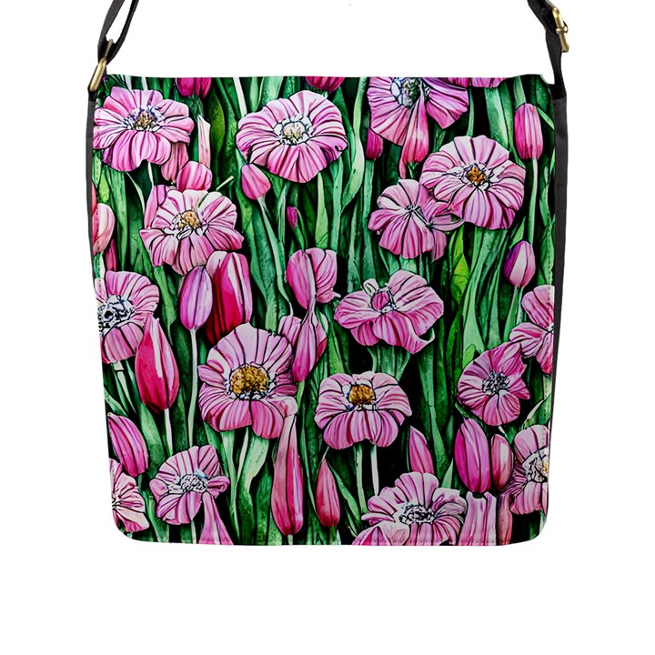 Blushing Bold Botanical Watercolor Flowers Flap Closure Messenger Bag (L)