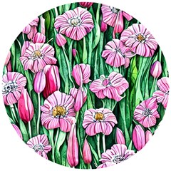 Blushing Bold Botanical Watercolor Flowers Wooden Puzzle Round by GardenOfOphir