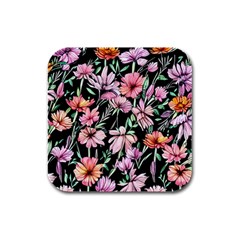 Clustered Watercolor Flowers Rubber Square Coaster (4 Pack)