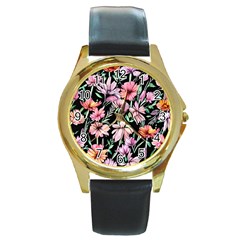 Clustered Watercolor Flowers Round Gold Metal Watch by GardenOfOphir