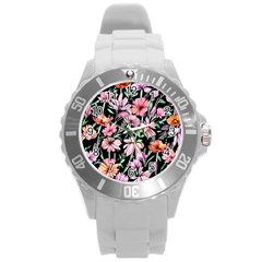 Clustered Watercolor Flowers Round Plastic Sport Watch (l) by GardenOfOphir