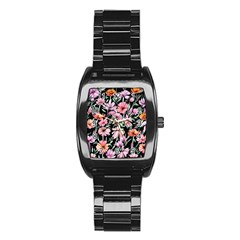 Clustered Watercolor Flowers Stainless Steel Barrel Watch