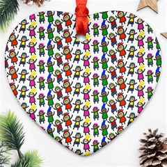 Stickman Kids Doodle Paper Children Group Heart Ornament (two Sides) by Ravend