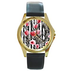 Chic Watercolor Flowers Round Gold Metal Watch by GardenOfOphir