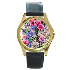 Bountiful Watercolor Flowers Round Gold Metal Watch by GardenOfOphir