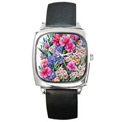 Bountiful Watercolor Flowers Square Metal Watch by GardenOfOphir