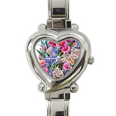 Bountiful Watercolor Flowers Heart Italian Charm Watch by GardenOfOphir