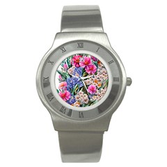 Bountiful Watercolor Flowers Stainless Steel Watch by GardenOfOphir