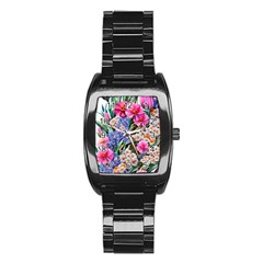 Bountiful Watercolor Flowers Stainless Steel Barrel Watch