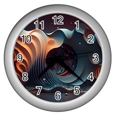 Ai Generated Space Design Fractal Light Motion Wall Clock (silver) by Ravend