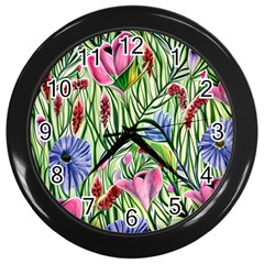 Celestial Watercolor Flower Wall Clock (black) by GardenOfOphir