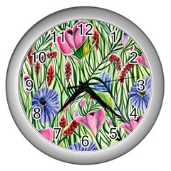 Celestial Watercolor Flower Wall Clock (silver) by GardenOfOphir