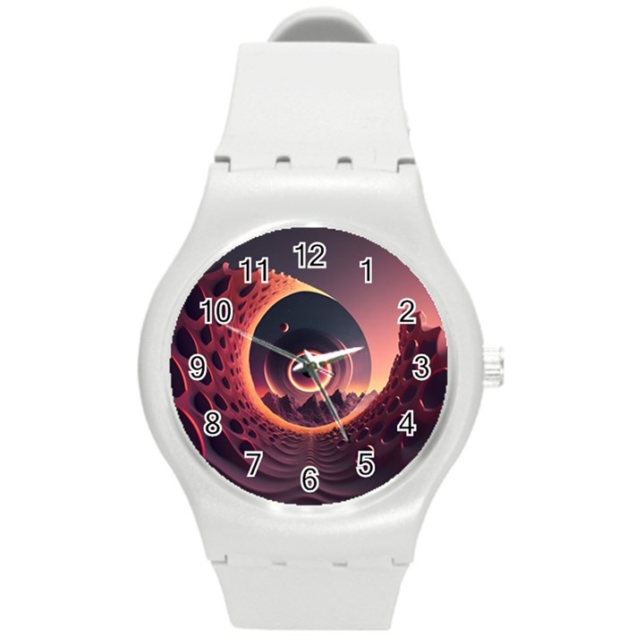 Ai Generated Swirl Space Design Fractal Light 3d Art Round Plastic Sport Watch (M)