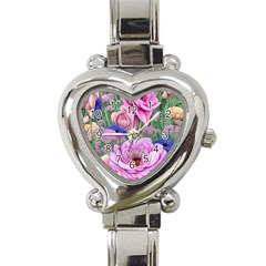 Broken And Budding Watercolor Flowers Heart Italian Charm Watch by GardenOfOphir