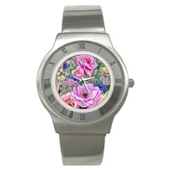 Broken And Budding Watercolor Flowers Stainless Steel Watch by GardenOfOphir