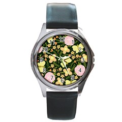 Flowers Rose Blossom Pattern Creative Motif Round Metal Watch by Ravend