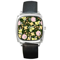 Flowers Rose Blossom Pattern Creative Motif Square Metal Watch by Ravend