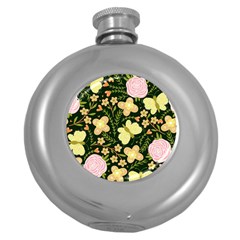 Flowers Rose Blossom Pattern Creative Motif Round Hip Flask (5 Oz) by Ravend