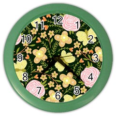 Flowers Rose Blossom Pattern Creative Motif Color Wall Clock by Ravend