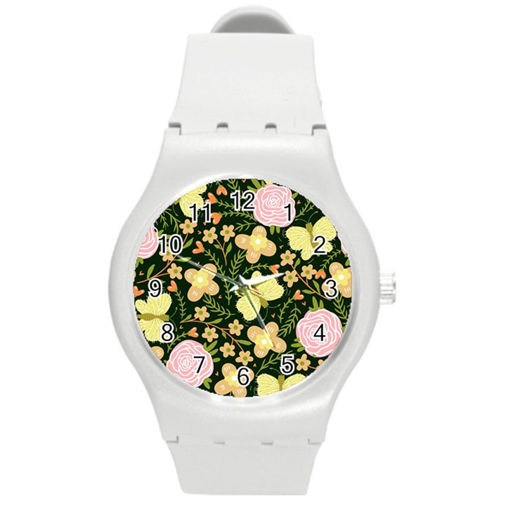 Flowers Rose Blossom Pattern Creative Motif Round Plastic Sport Watch (M)