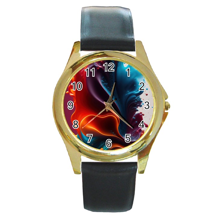 Ai Generated Swirl Splash Blaze Design Art Round Gold Metal Watch