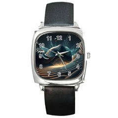 Ai Generated Swirl Space Design Fractal Light Square Metal Watch by Ravend