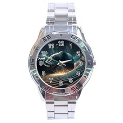 Ai Generated Swirl Space Design Fractal Light Stainless Steel Analogue Watch