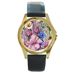 Broken And Budding Watercolor Flowers Round Gold Metal Watch by GardenOfOphir