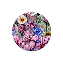 Broken And Budding Watercolor Flowers Rubber Round Coaster (4 Pack) by GardenOfOphir