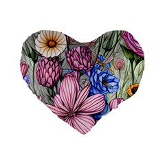 Broken And Budding Watercolor Flowers Standard 16  Premium Heart Shape Cushions by GardenOfOphir