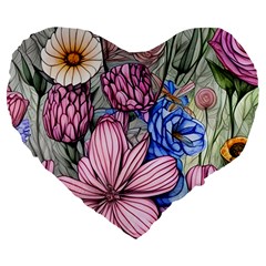 Broken And Budding Watercolor Flowers Large 19  Premium Flano Heart Shape Cushions by GardenOfOphir