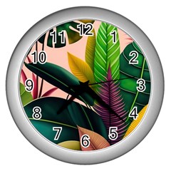 Ai Generated Tropical Leaves Foliage Wallpaper Wall Clock (silver) by Ravend