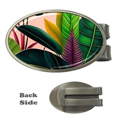 Ai Generated Tropical Leaves Foliage Wallpaper Money Clips (oval)  by Ravend