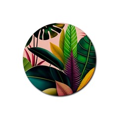 Ai Generated Tropical Leaves Foliage Wallpaper Rubber Coaster (round) by Ravend