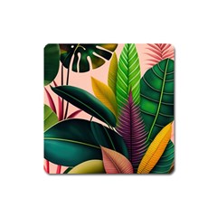 Ai Generated Tropical Leaves Foliage Wallpaper Square Magnet by Ravend